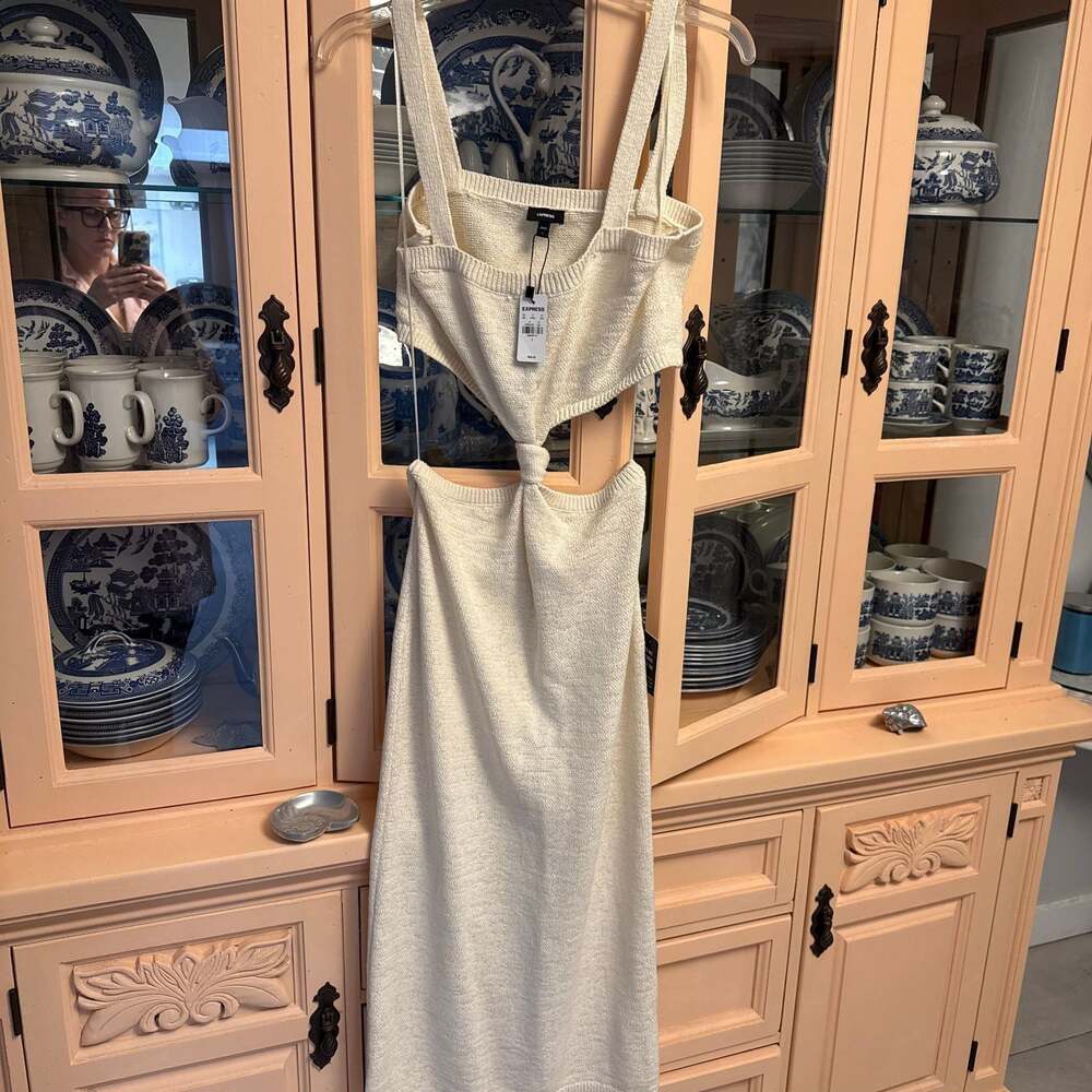 Express Ivory Knit Cutout Midi Dress, Knot Detail, Size Large — New with Tags
